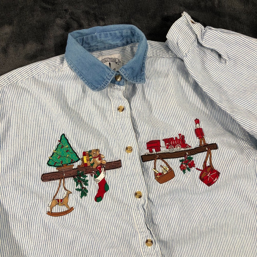 Solutions Original Shirt Women's Medium Blue White Striped Button Up Christmas
